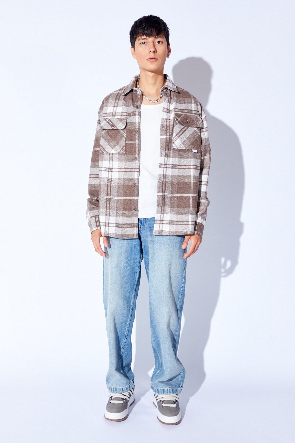 Manche-Acrylic Oversize Soft Woven Plaid Double Pocket Flap Men's Shirt |   Coffee Mnw 191044 -01 6