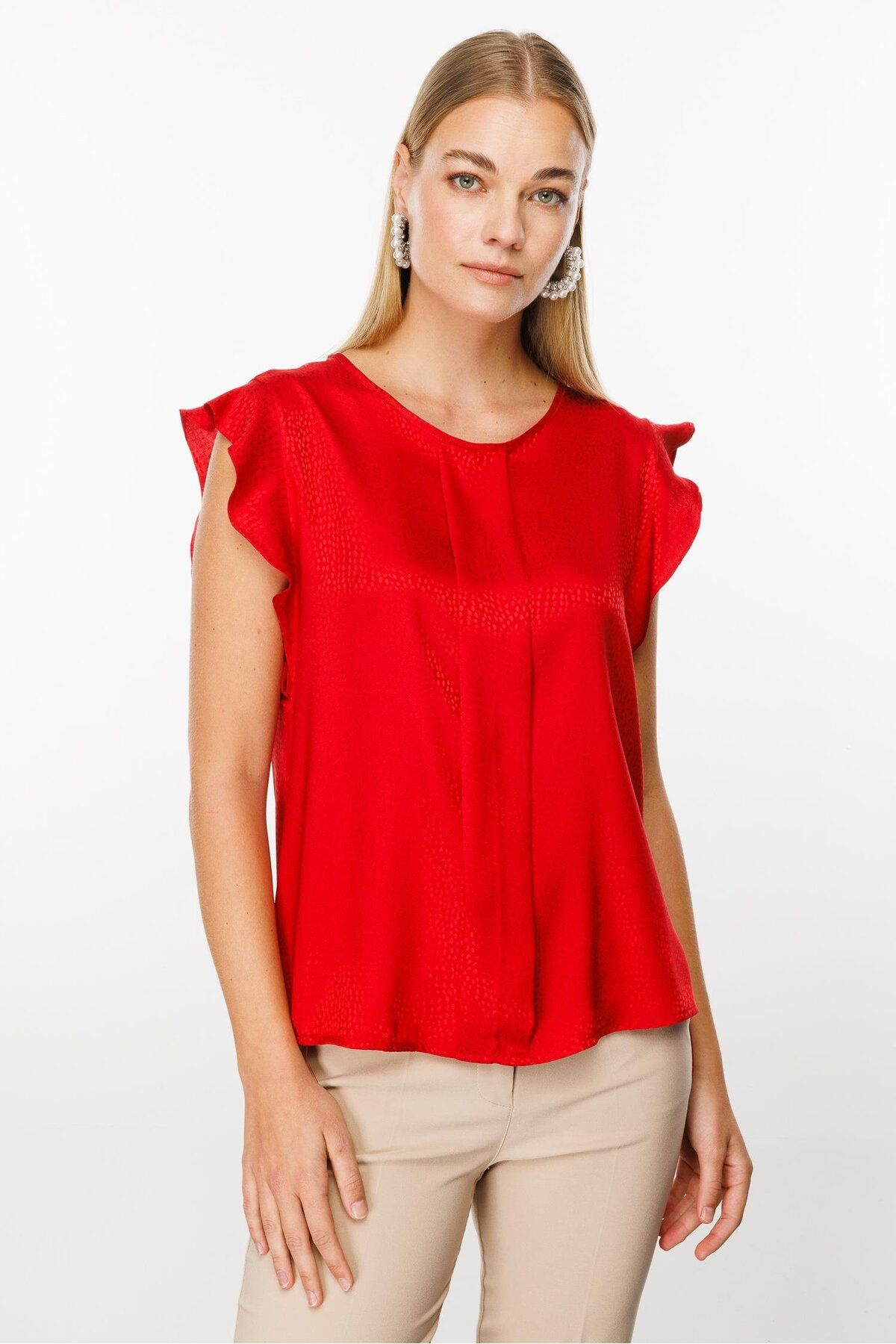 Moda İlgi-Red Modailgi Flounce Jacquard Blouse 1