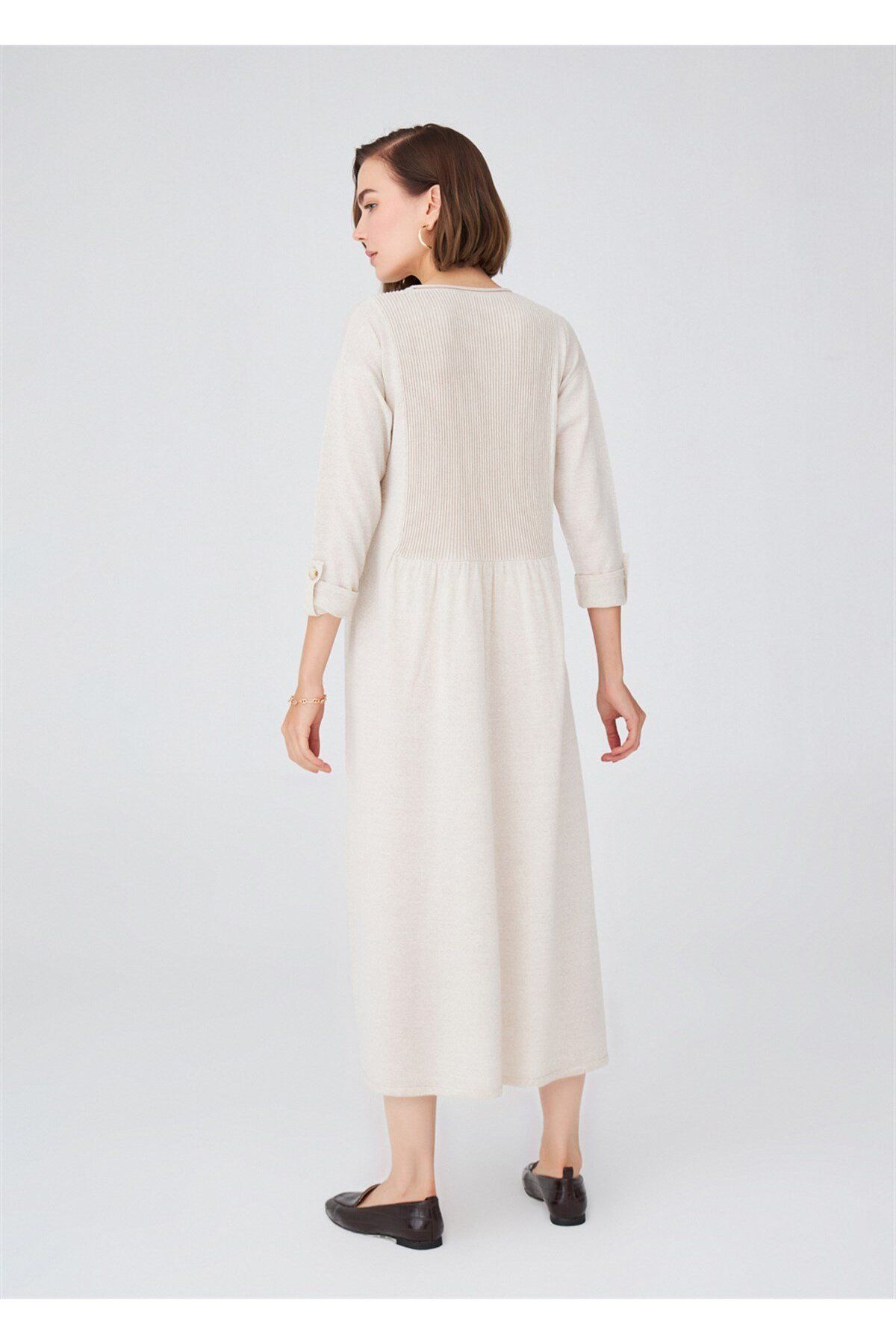 Peraluna-Robe Detailed Loose Cut Merino Wool Blend Long Women's Knitwear Dress - Ecru Melange 6