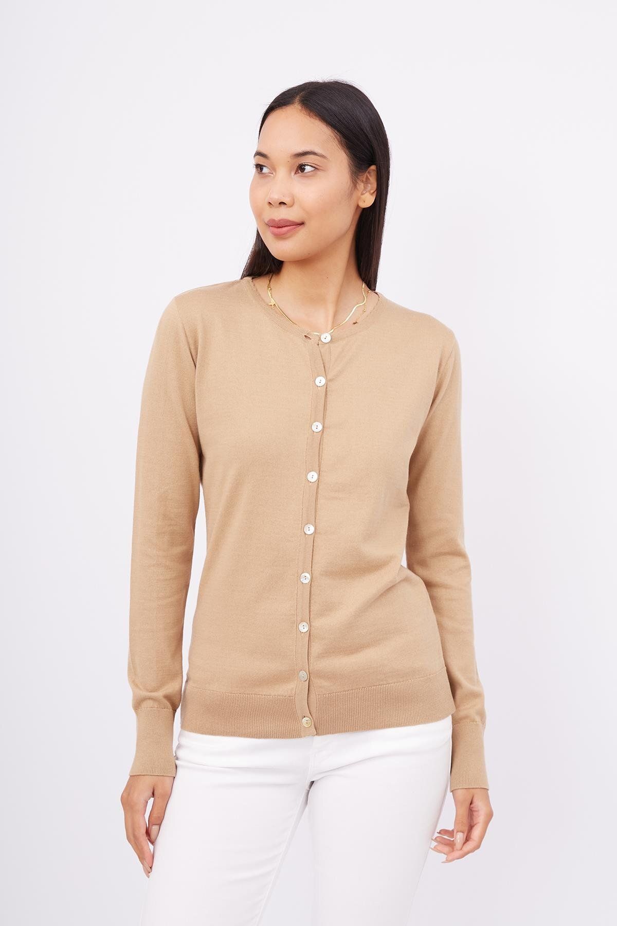 Peraluna-Mıla Cardigan Crew Neck Camel Knitwear Cardigan pentru femei - Basic Cotton 5