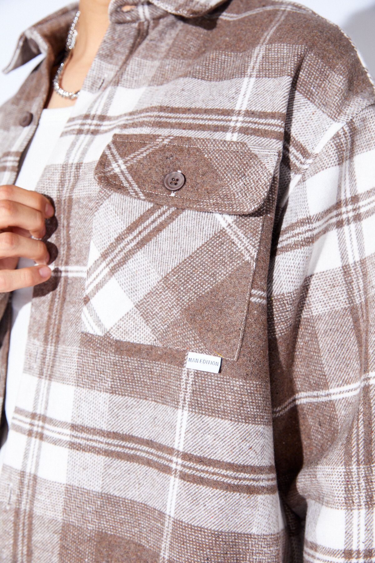 Manche-Acrylic Oversize Soft Woven Plaid Double Pocket Flap Men's Shirt |   Coffee Mnw 191044 -01 4