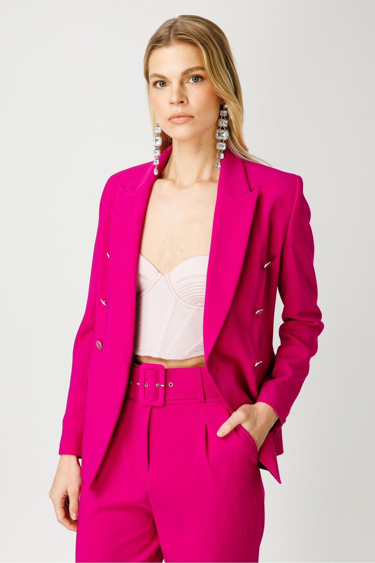 Moda İlgi-Fuchsia Modailgi Double Breasted Half Lined Blazer Jacket 5