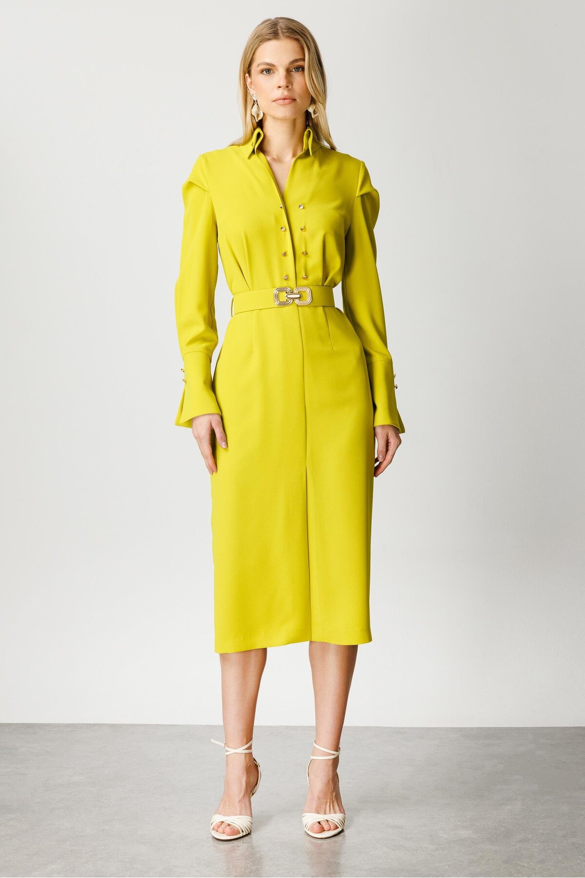 Moda İlgi  Modailgi Gömlek Yakalı Önden Yırtmaçlı Midi Boy Elbise Asit - Görsel 6