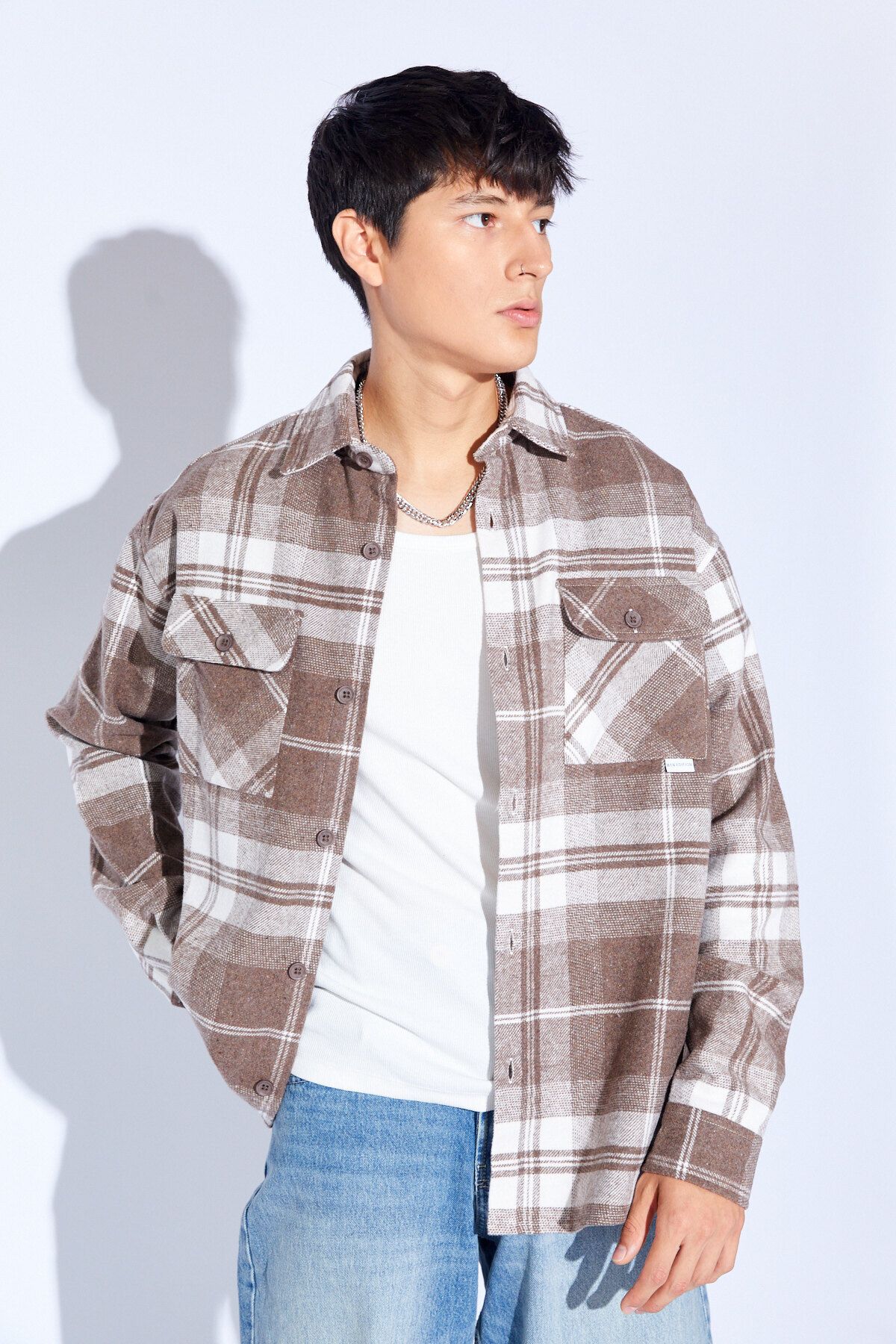 Manche-Acrylic Oversize Soft Woven Plaid Double Pocket Flap Men's Shirt |   Coffee Mnw 191044 -01 7