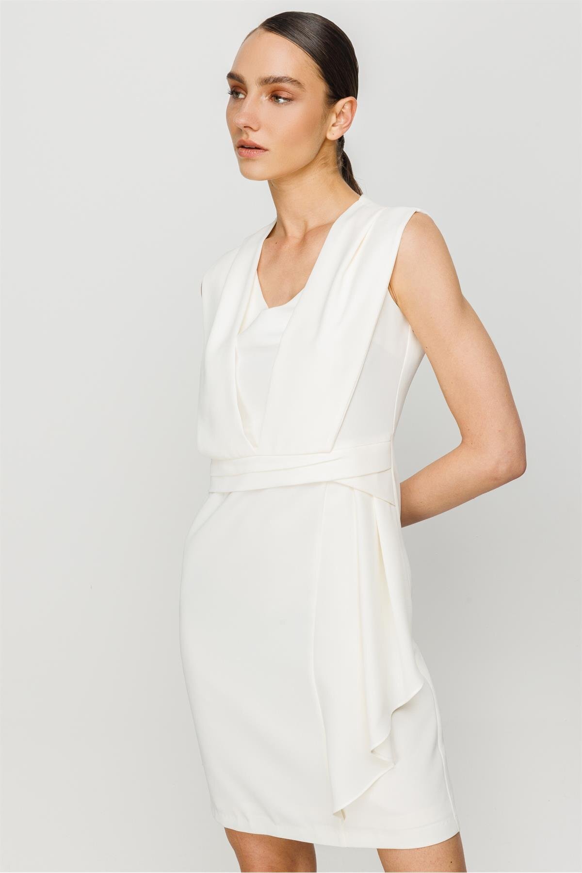 Moda İlgi-Modailgi Sleeveless Flounce Detailed Dress Ecru 5