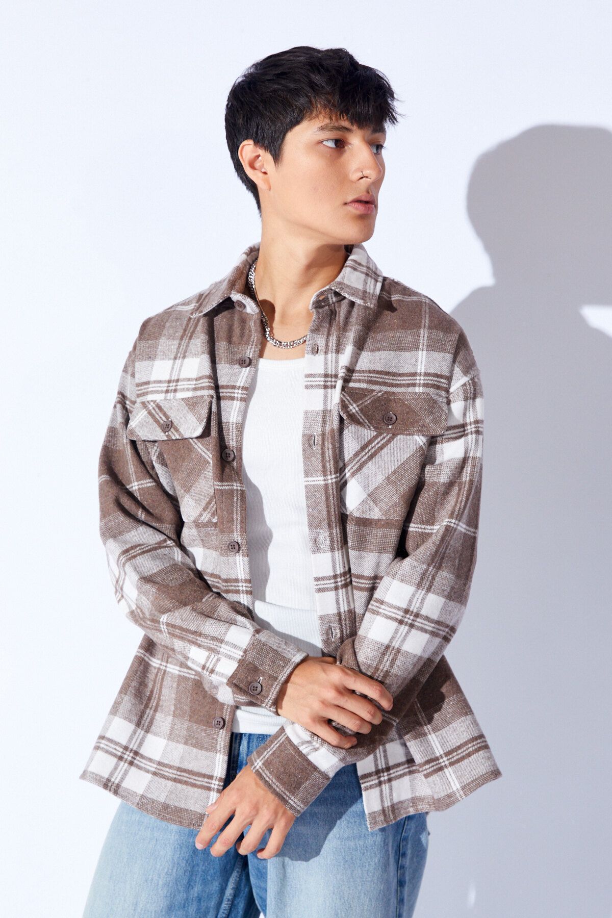 Manche-Acrylic Oversize Soft Woven Plaid Double Pocket Flap Men's Shirt |   Coffee Mnw 191044 -01 3