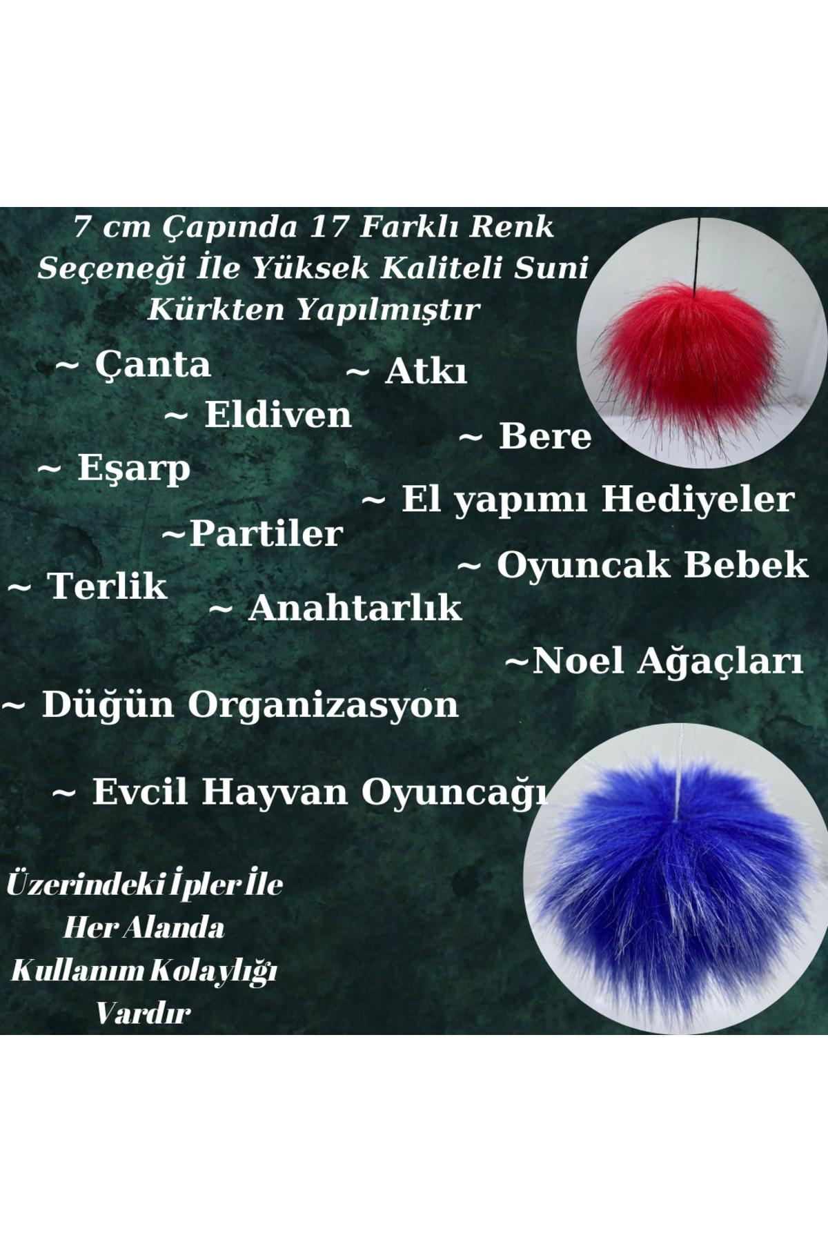 sç Saraçoğlu Çanta-7cm Decoration Accessory - Plush Pompom Scarf Beanie Bag, Pack of 10 with String, Saxe Blue 4