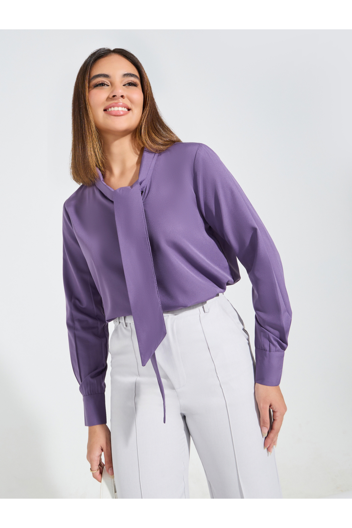 Styli Mock Tie-Up Neck Top with Button Cuff Detail