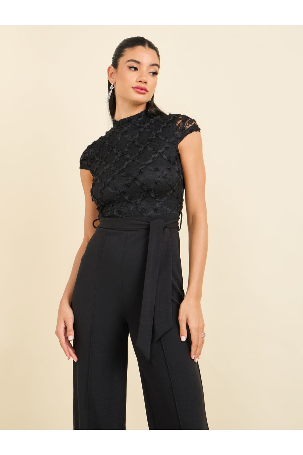 Styli-Floral Applique Lace Textured Wide Leg Jumpsuit with Self Tie Up 2