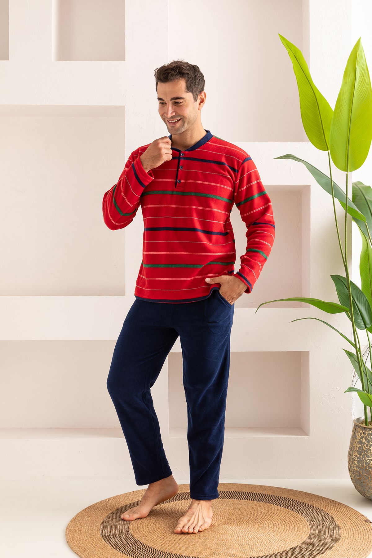 nisaNCa-Men's Striped Fleece Pajama Set 3