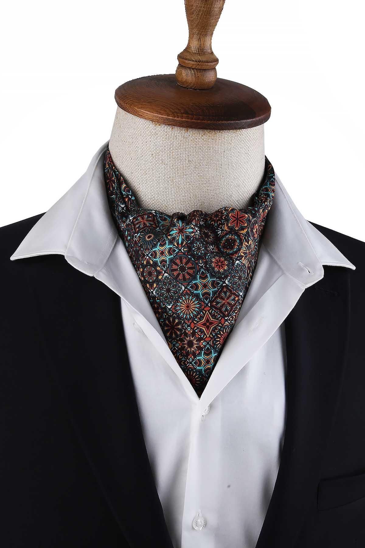 Kravatkolik-Multi-Colored Motif Pattern Italian Silk Men's Ascot K619 1