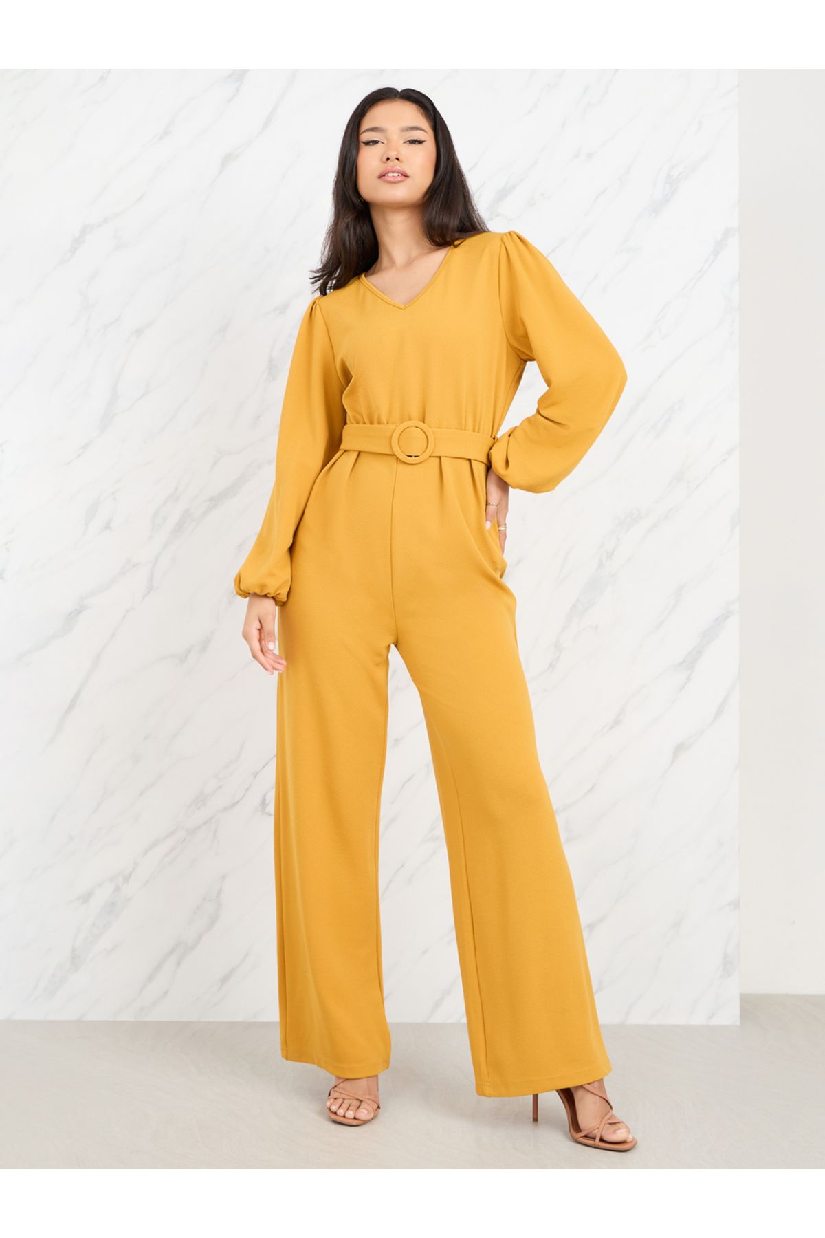 Styli-Textured Knit Belted Wide Leg Jumpsuit 1