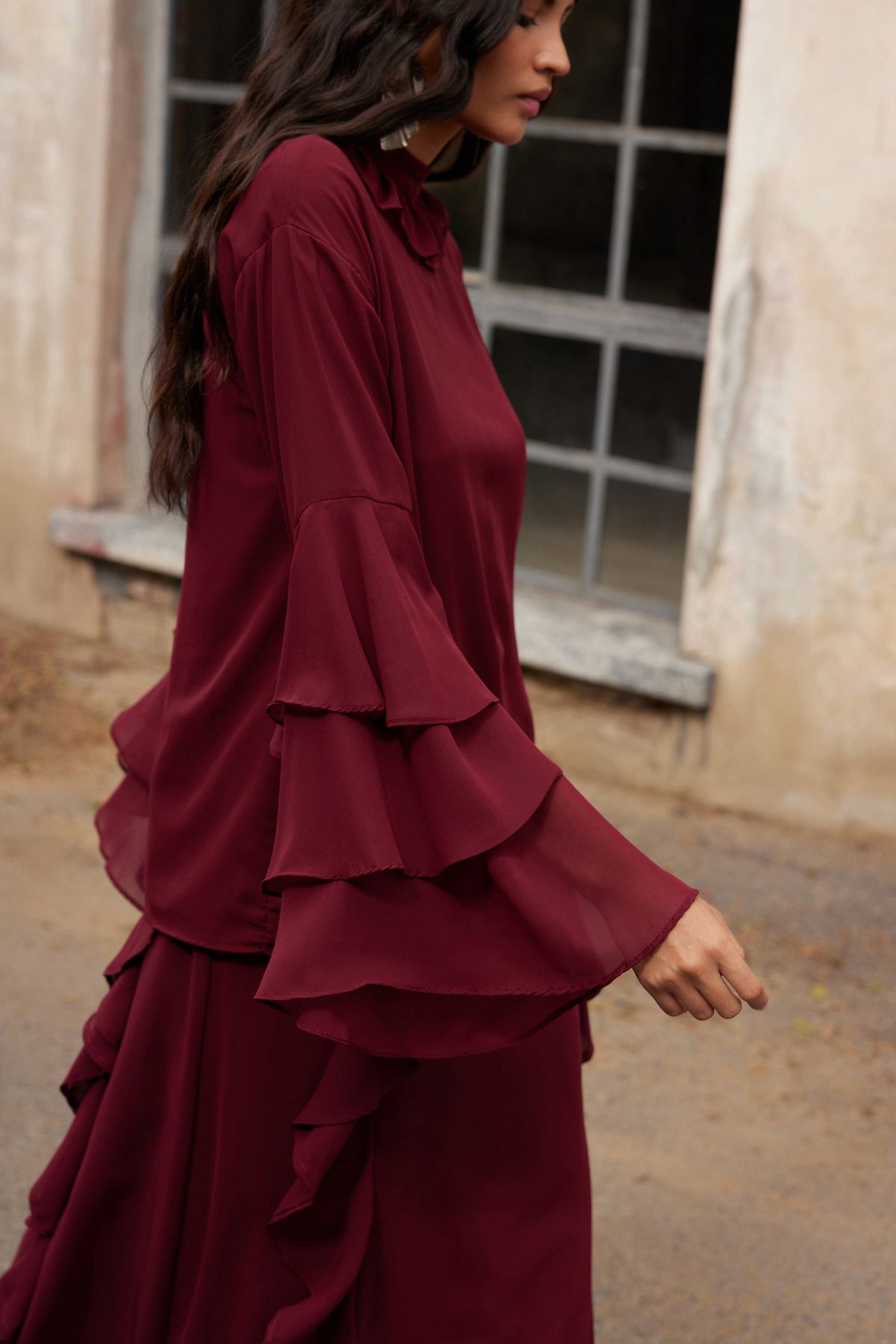 Trendyol Modest-X Ai Burgundsko Rukávy Volán Šifon Tunika Tctaw25Uk00010 8