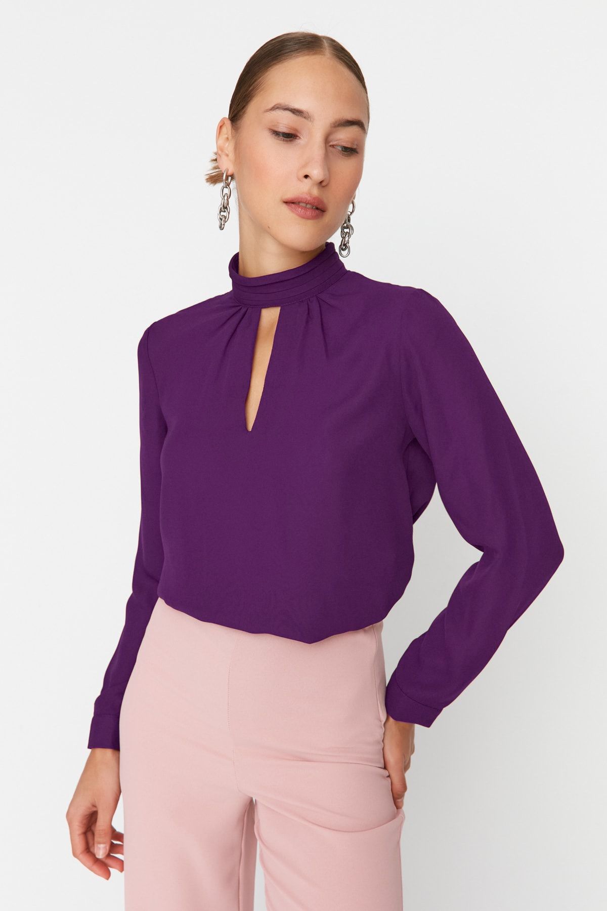 Trendyol Collection-Bluză țesută cu guler înalt prune TWOAW20BZ0462 2
