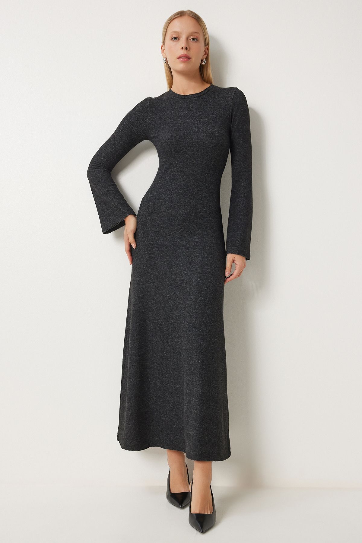 robe en laine enveloppante à col ras du cou pour femmes anthracite rg00043
