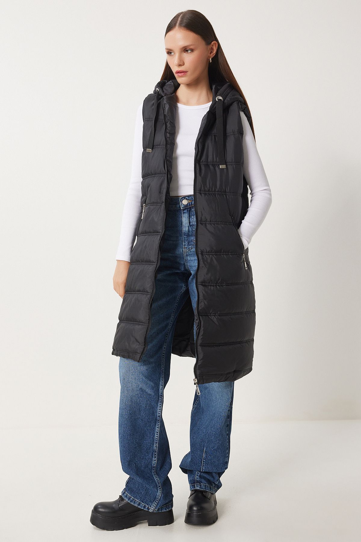 Happiness İstanbul-Schwarze, ärmellose Pufferweste mit Kapuze für Damen DD01010 3