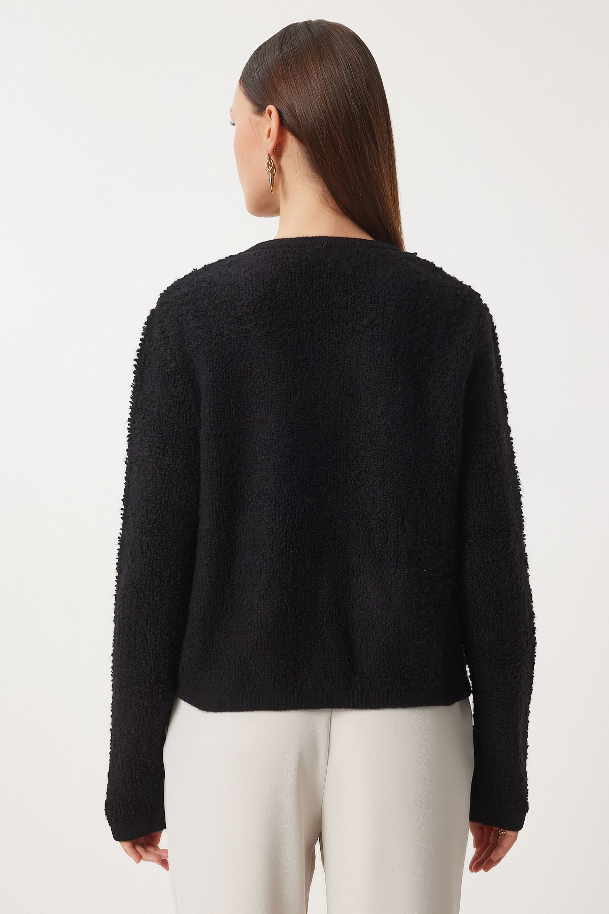 Happiness İstanbul-Schwarze Bouclé-Strickjacke für Damen, Cardigan YY00117 4