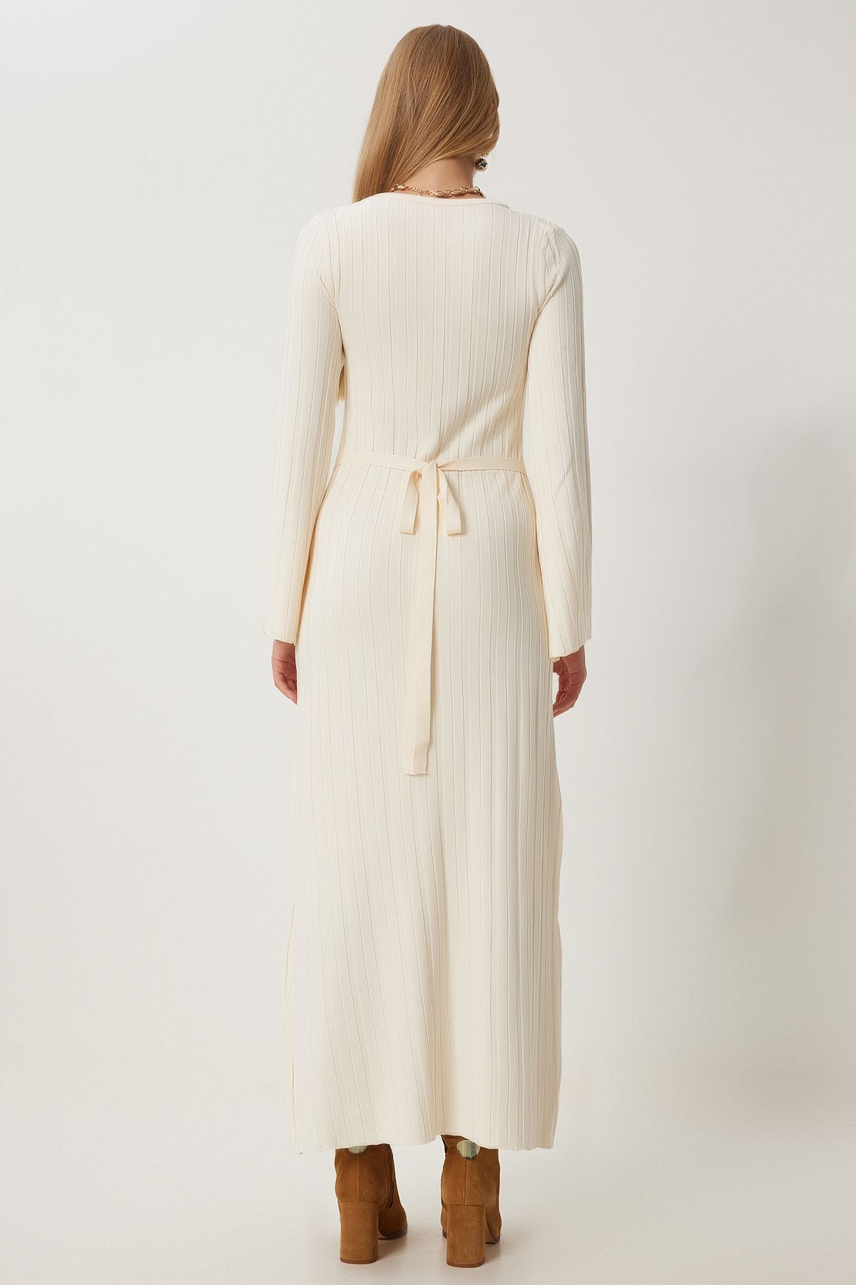 Happiness İstanbul-Women's Bone Belted Corded Long Knitwear Dress Kİ00108 6
