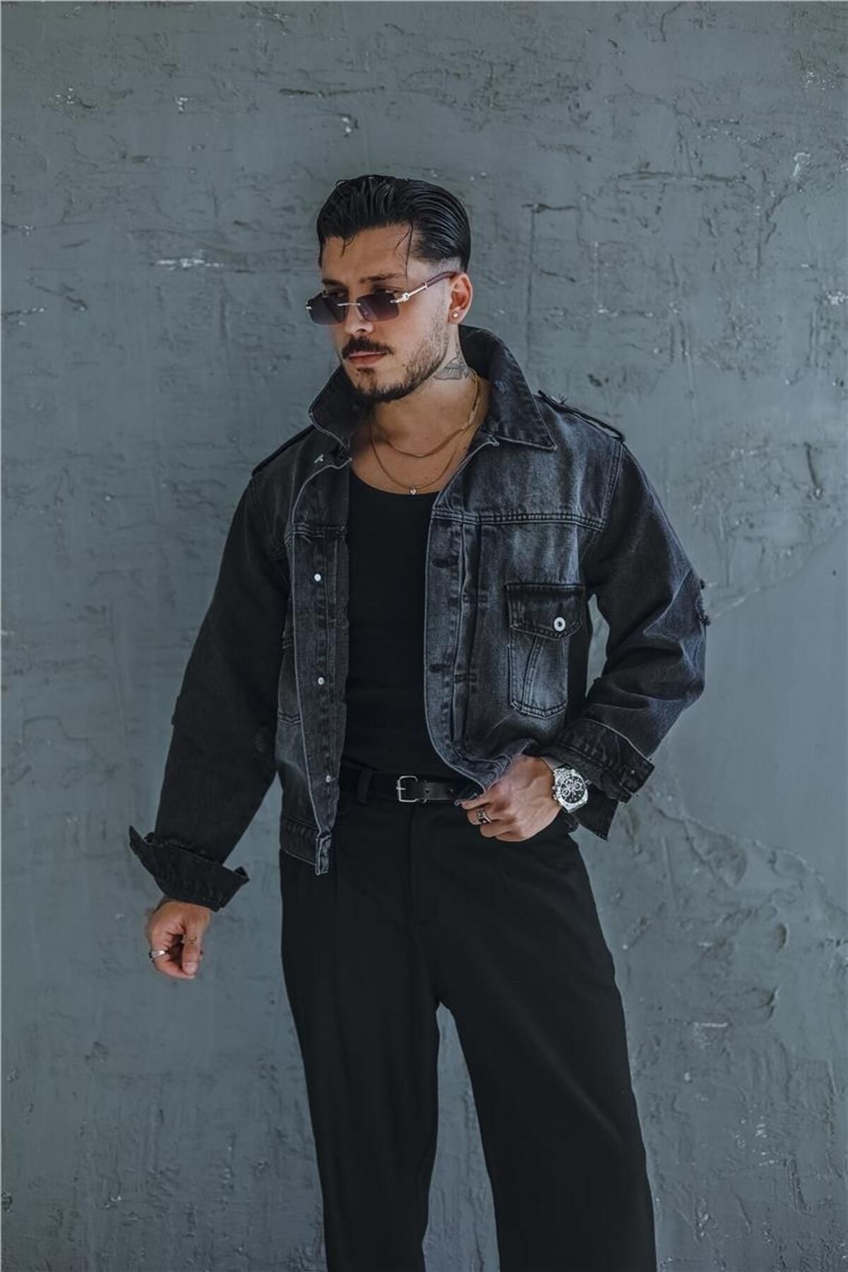 OUTFİT MAN-Men's Oversize Black Denim Jacket - Washed Street Design 2