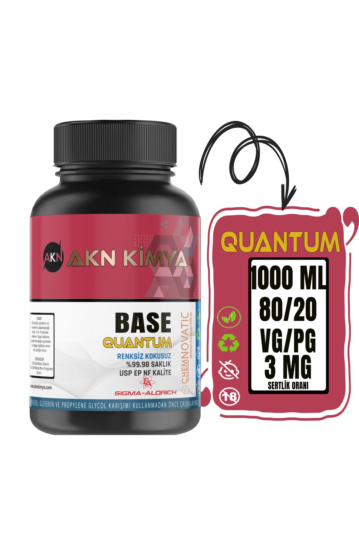 akn kimya Quantumm Base 1000 ml Vg Pg 80-20 3 Mg Sertlik Oranı Gliserin Propilen Glikol Base 1 Lt