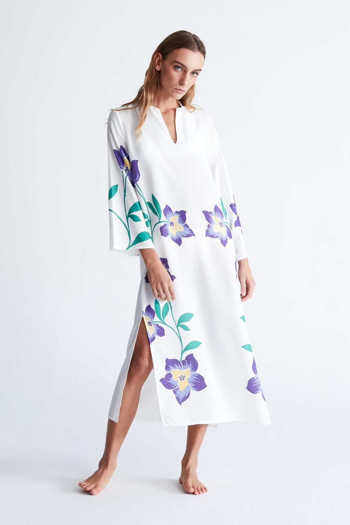 Peraluna-White Floral Patterned V-Neck Midi Caftan - Split Petunia Women's Caftan 6