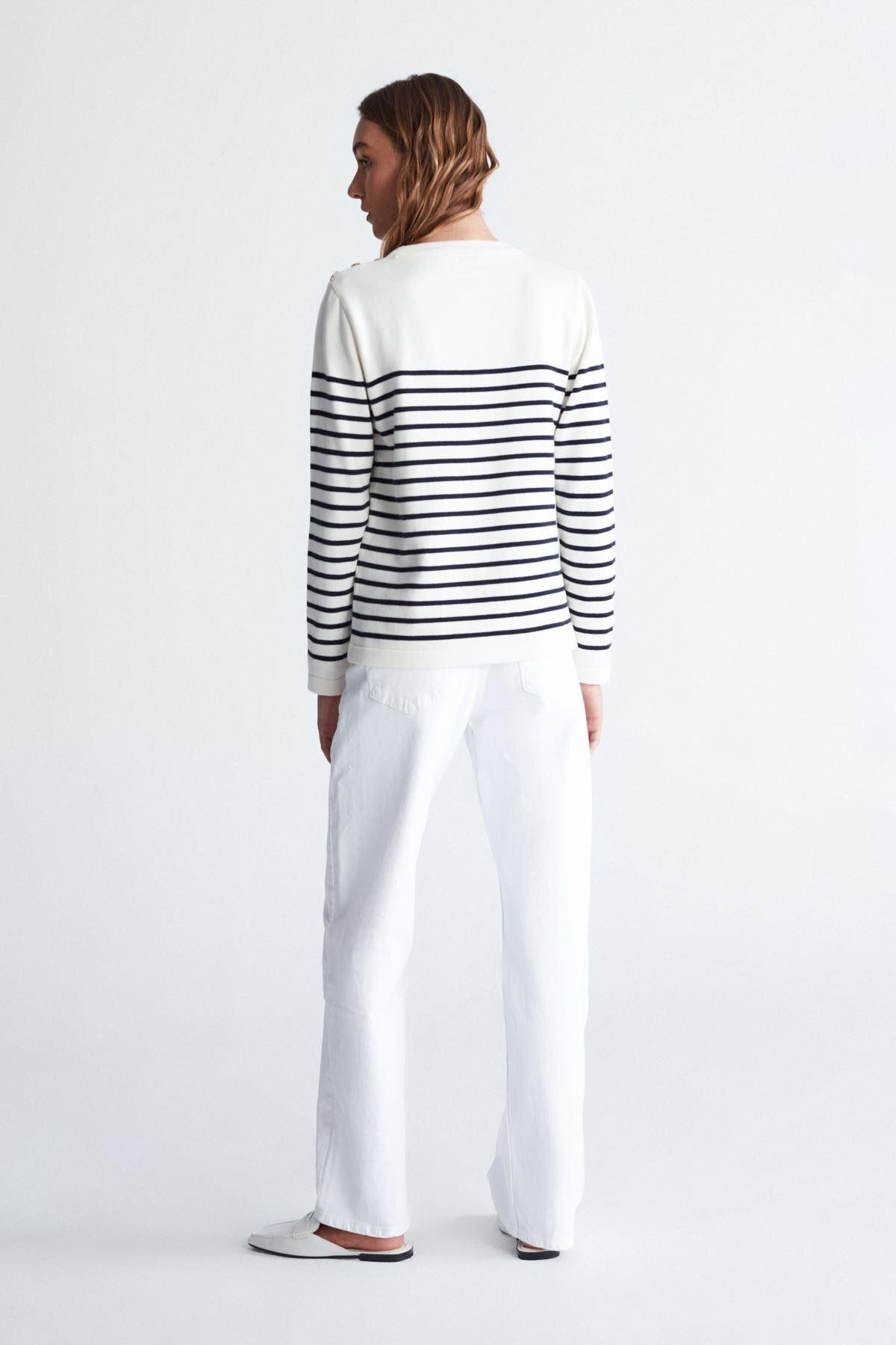 Peraluna-Styleboom X Audrey Pullover Shoulder Buttoned Striped Organic Cotton Seasonal Women's Knitwear Sweater 8