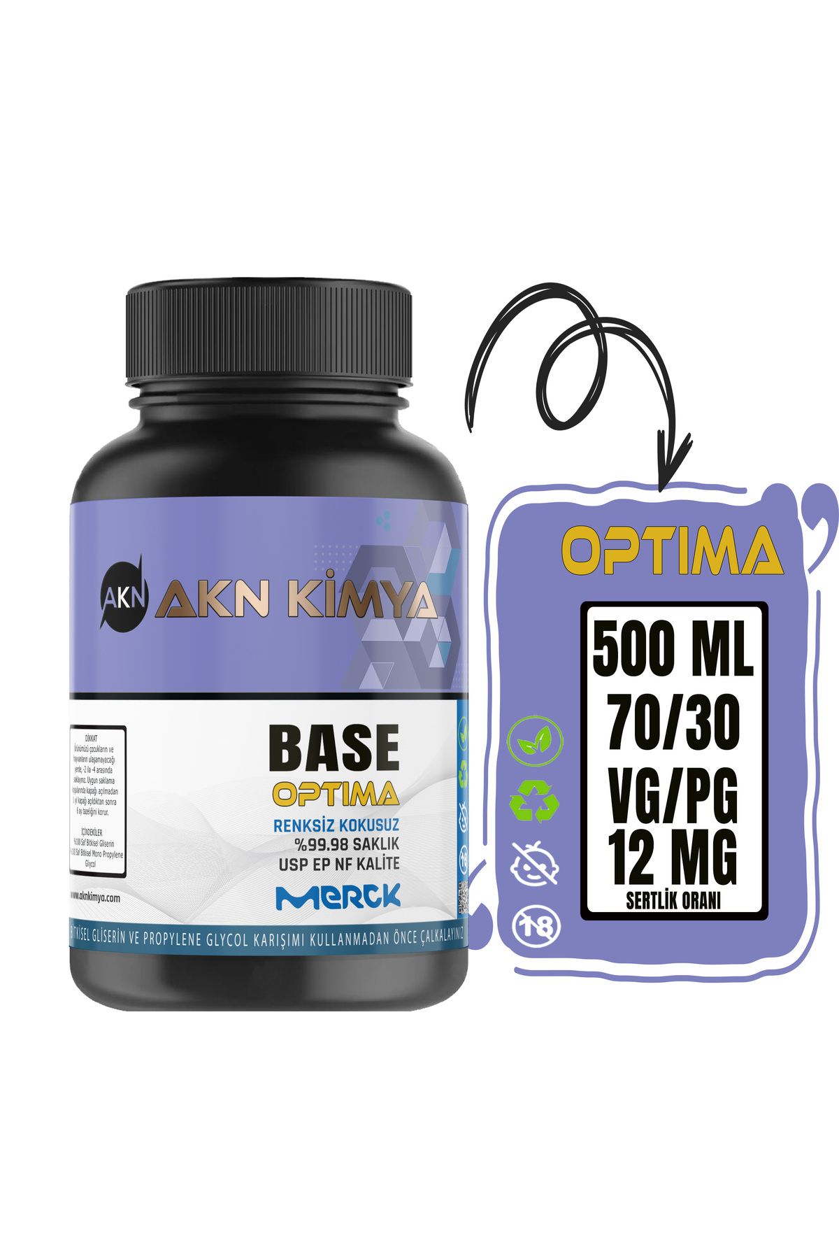 akn kimya Optima 500 ml Vg Pg 70-30 12 Mg/ml Glikol E422