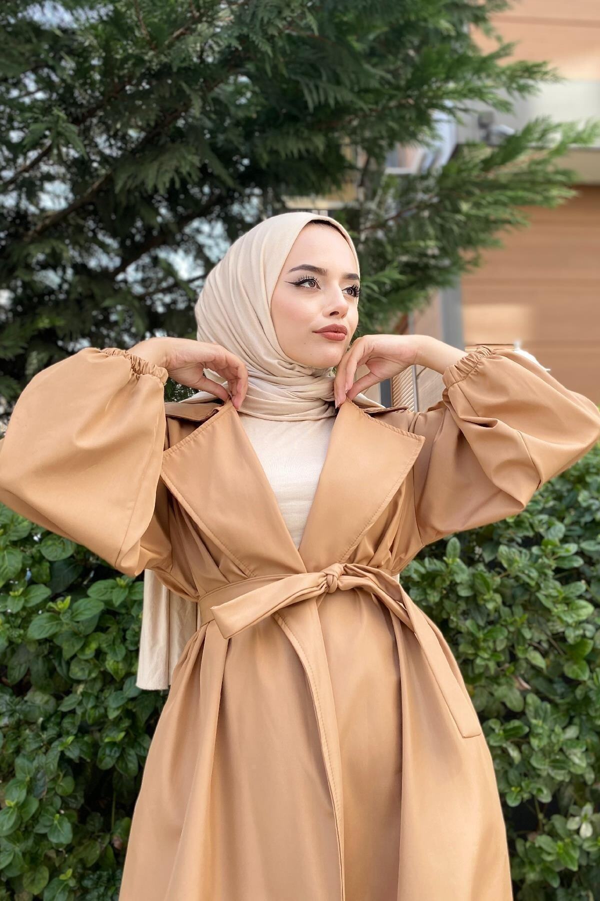 luvia34 Belden Bağlamalı Hardal Balon Kol Trenç