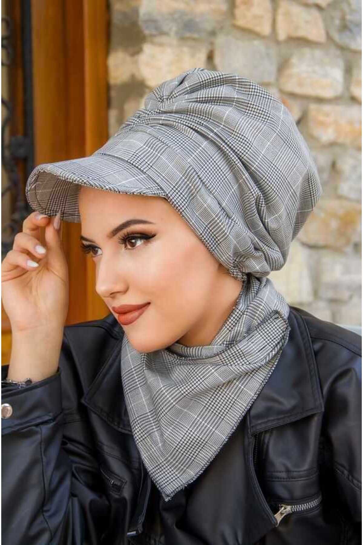 Aişe tesettür-Gray Plaid Shirred Hijab Hat 2