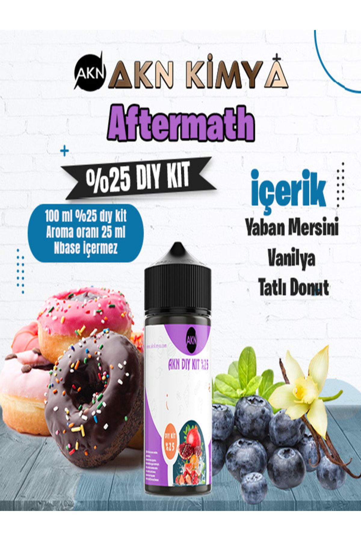 akn kimya Aftermath Yoğun Dıy Kit Yabanmersini Tatlı Donut Gıda Aroması 100 ml Yüzde 25 oranda aroma içerir