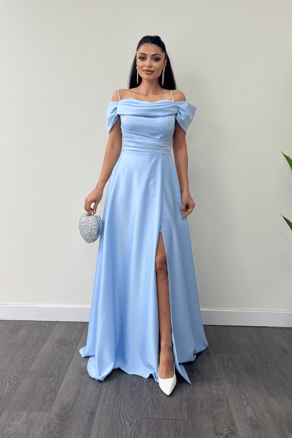 giyimmasalı-Satin Fabric Gathered Strap Evening Dress - Baby Blue 2