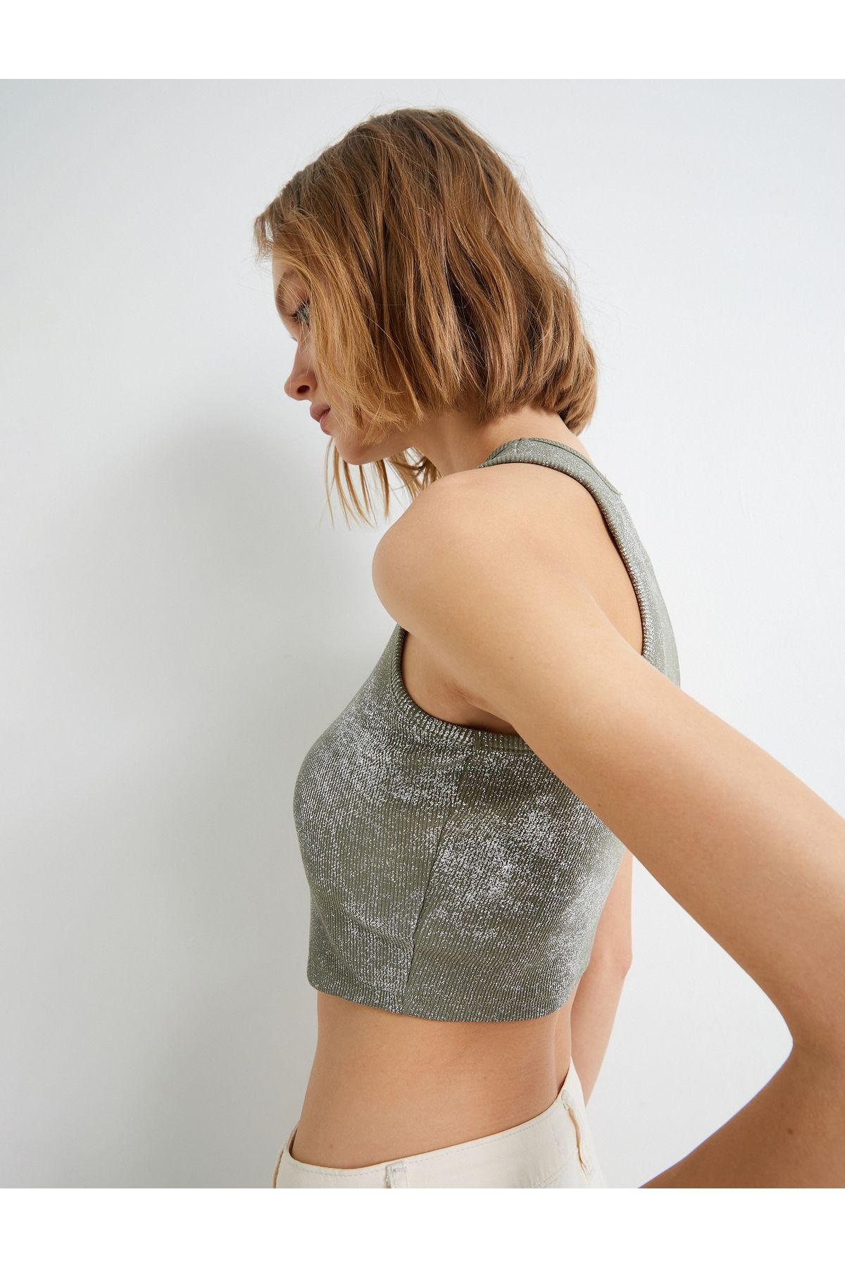 Koton Yeni Sezon Crop Atlet Halter Yaka Metalik Sim Baskılı Fitilli