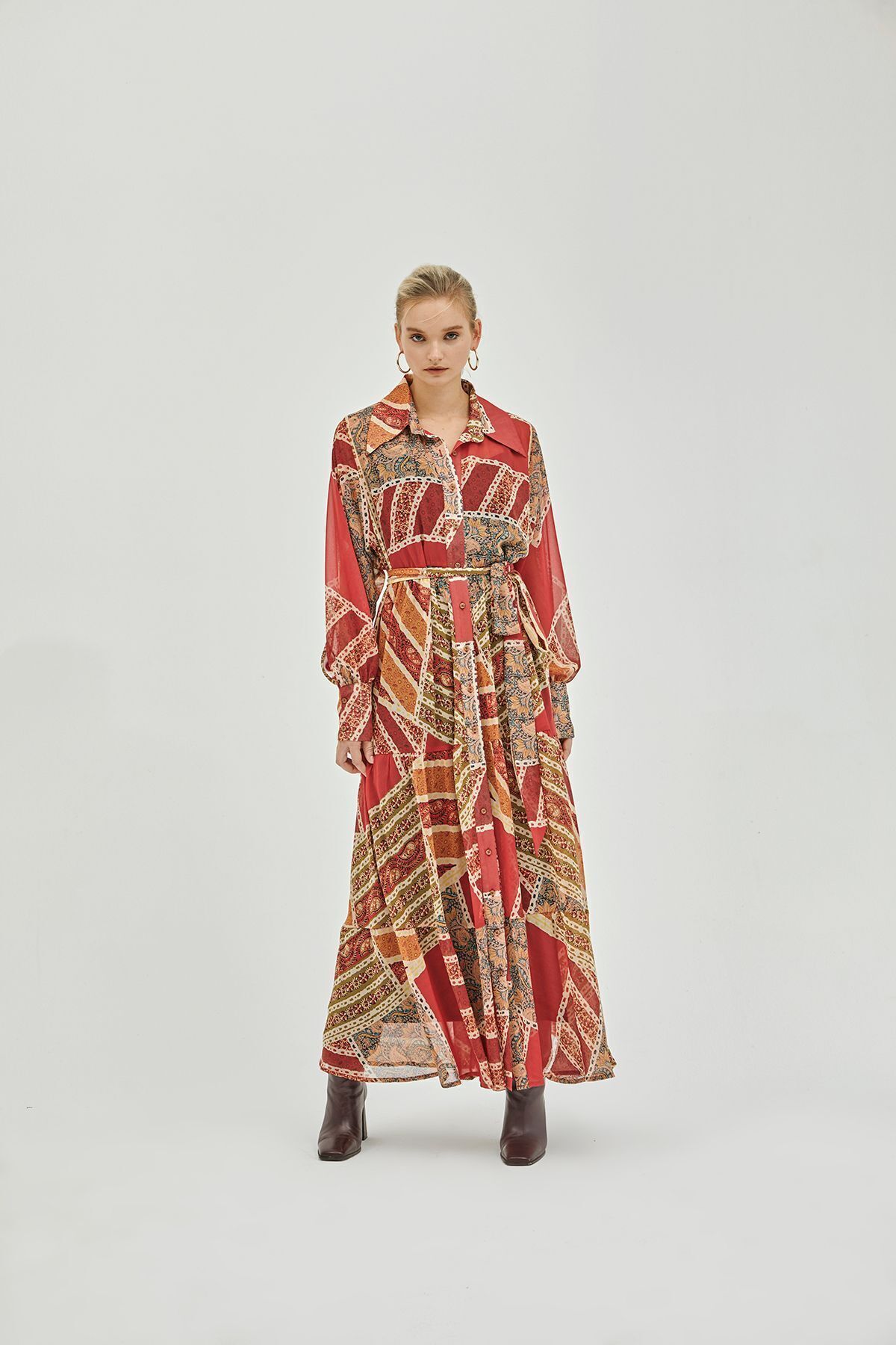 Pilea-My Elina Patch Print Front Button Belted Chiffon Dress 5