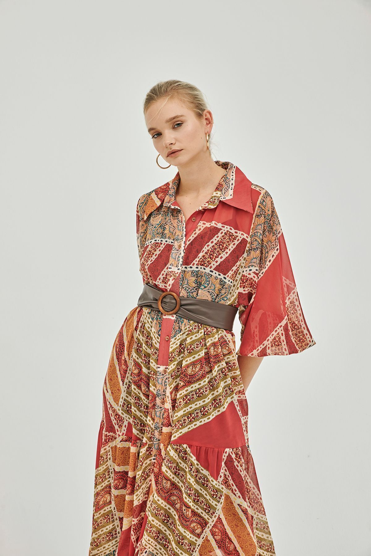 Pilea-My Elina Patch Print Front Button Belted Chiffon Dress 7