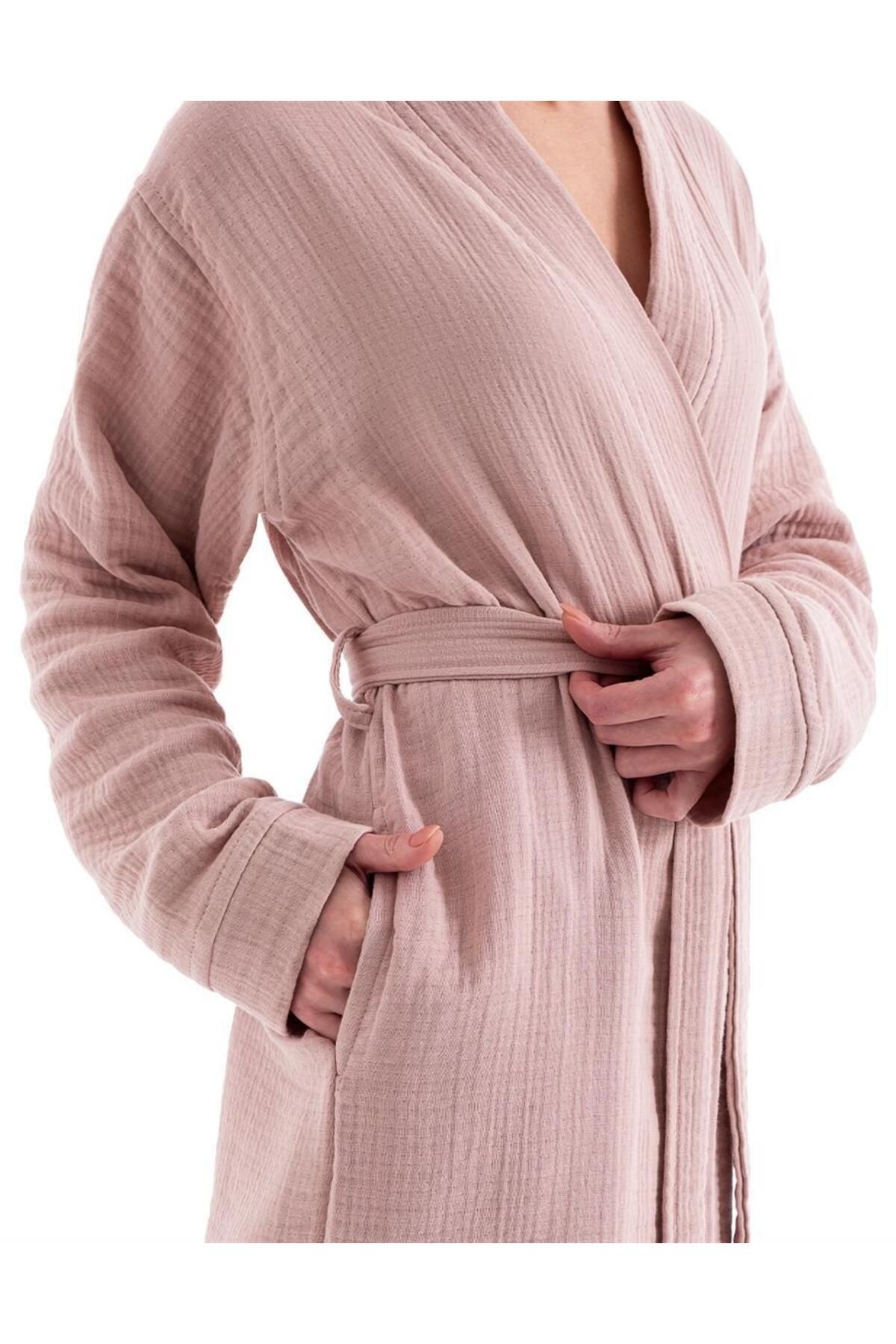 Denizli Concept-Powder Color Unisex Kimono Muslin Bathrobe and Towel Set 4