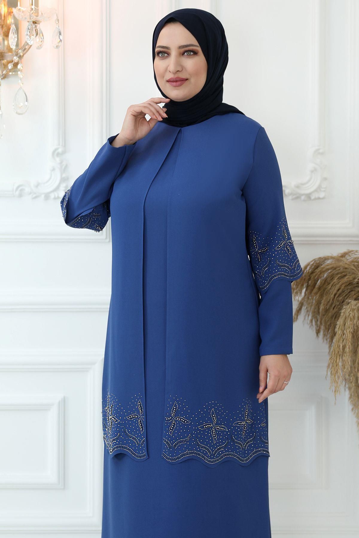 Amine Hüma-Indigo Hijab Evening Dress - Star Laser Cut 2