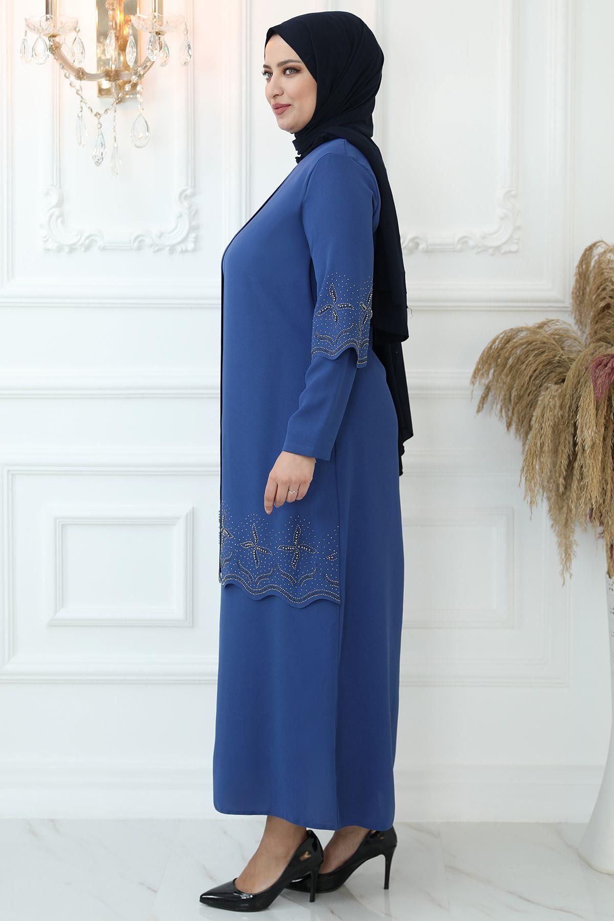 Amine Hüma-Indigo Hijab Evening Dress - Star Laser Cut 3