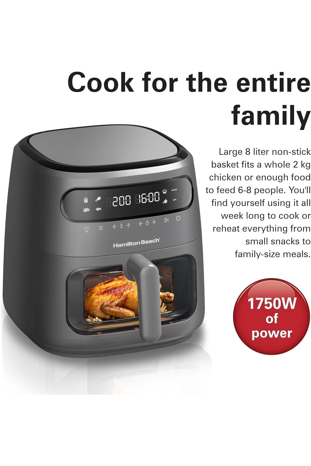 Hamilton Beach-Digital Air Fryer View 8L, Large Viewing Window, 8 Presets w/ Dehydrate & Defrost, 1750W, Matte Grey 5