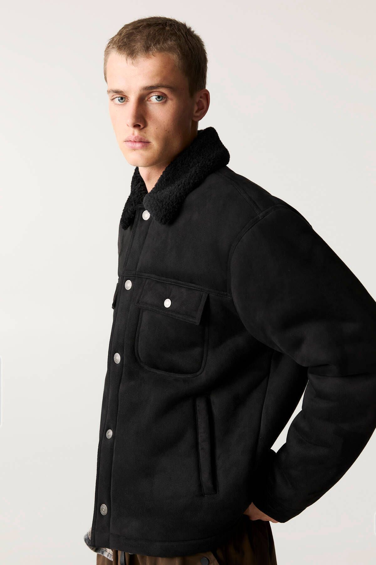 Pull & Bear-Faux Suede Jacket with Artificial Wool Collar 3