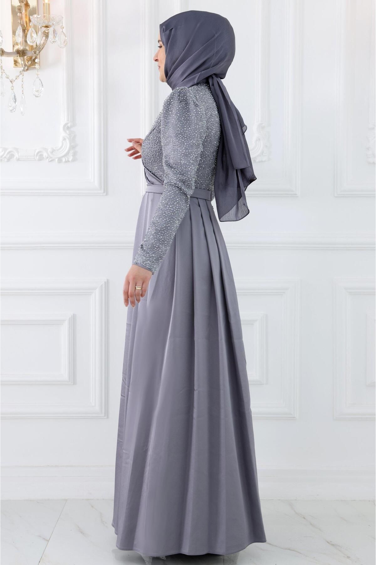 Amine Hüma-Gray Hijab Evening Dress - Ecmel 3