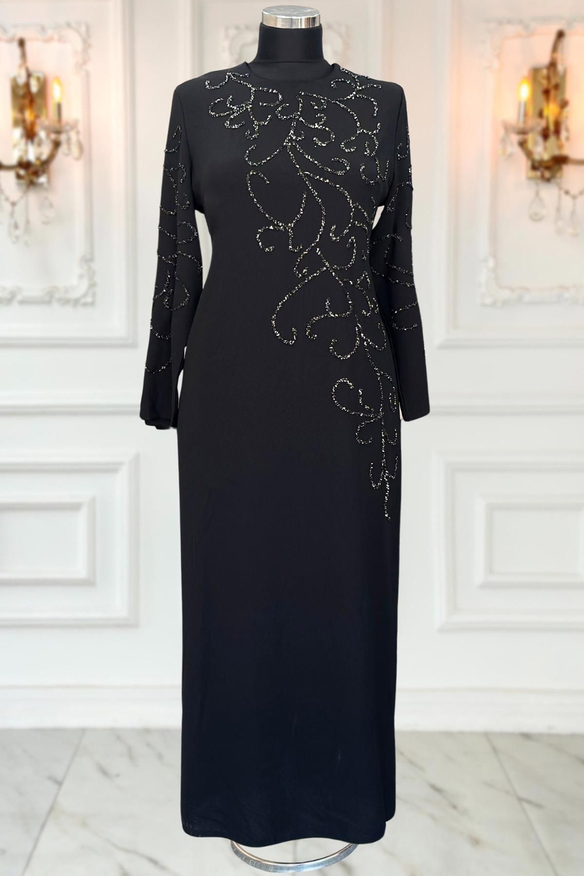 Amine Hüma-Black Hijab Evening Dress - Cansu 1