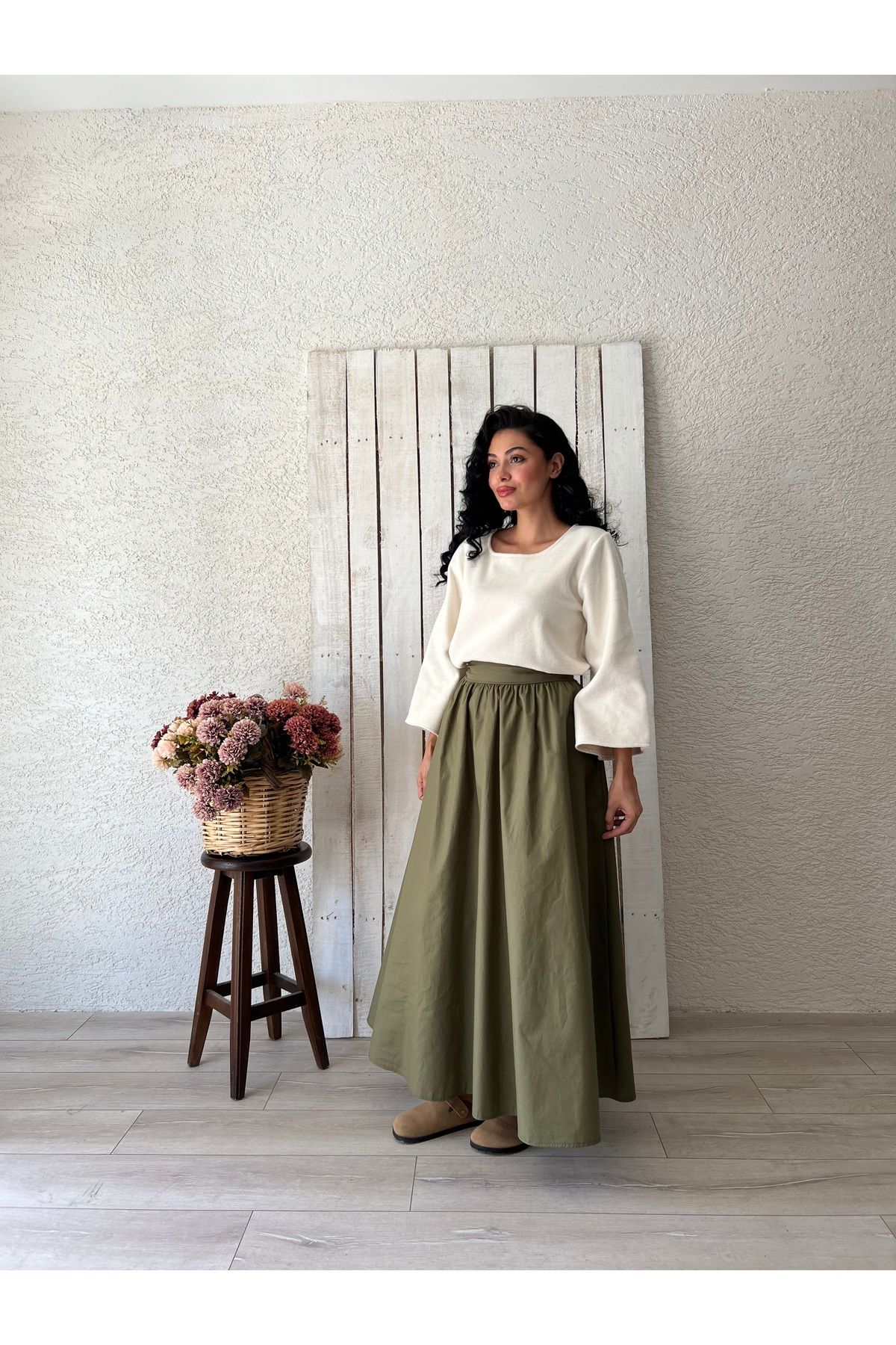 KÜÇÜĞÜM BUTİK-Khaki Green Flared Gathered Poplin Skirt 3