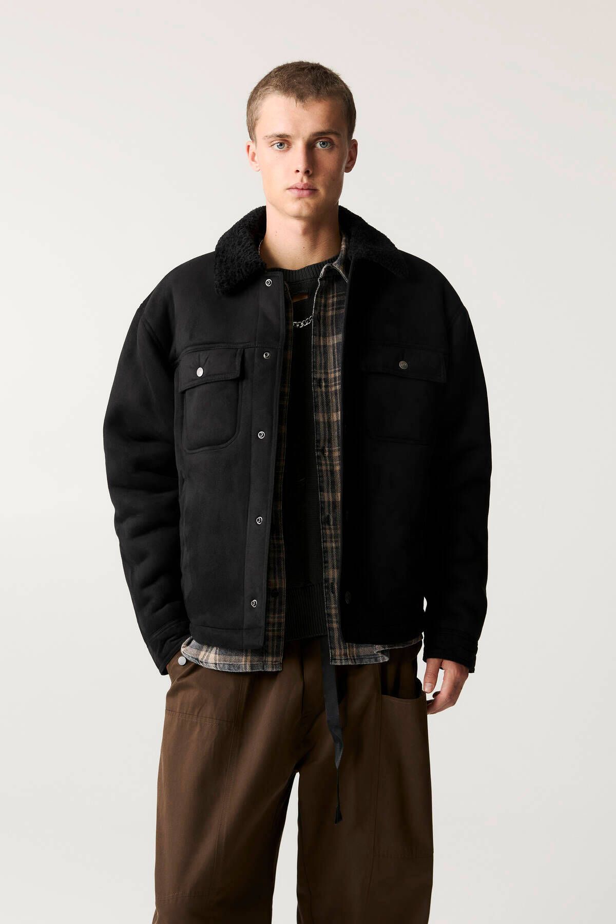 Pull & Bear-Faux Suede Jacket with Artificial Wool Collar 1