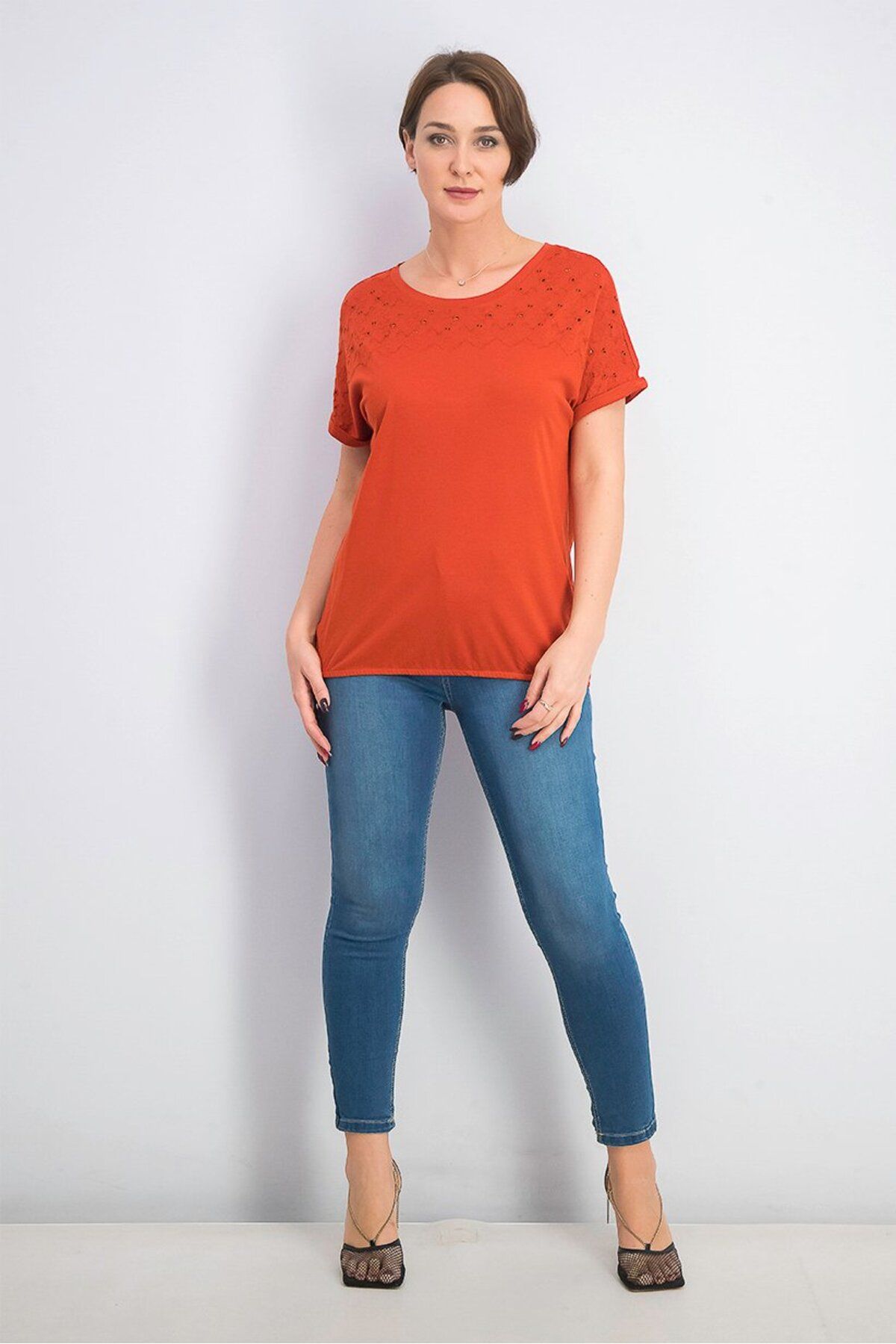 Tchibo-Women Crew Neck Short Sleeved Plain Tops, Rust Red 4