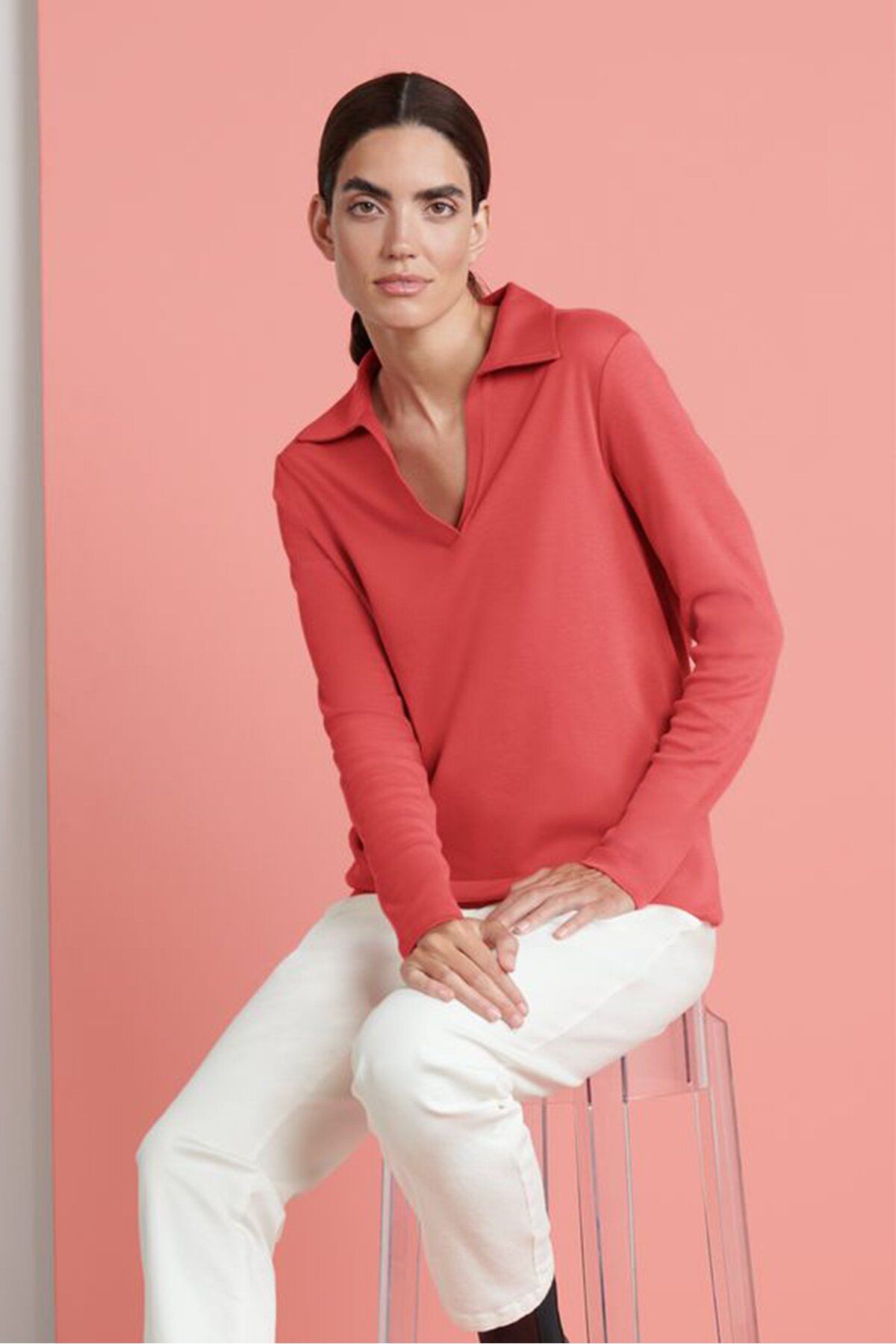 Tchibo-Women Spread Collar Long Sleeve Plain Top, Coral 1