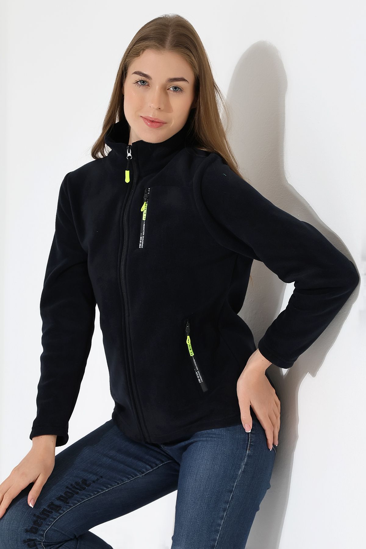 TİJA-Women's Zippered Pocket, Navy Blue Fleece Cardigan, Jacket 4