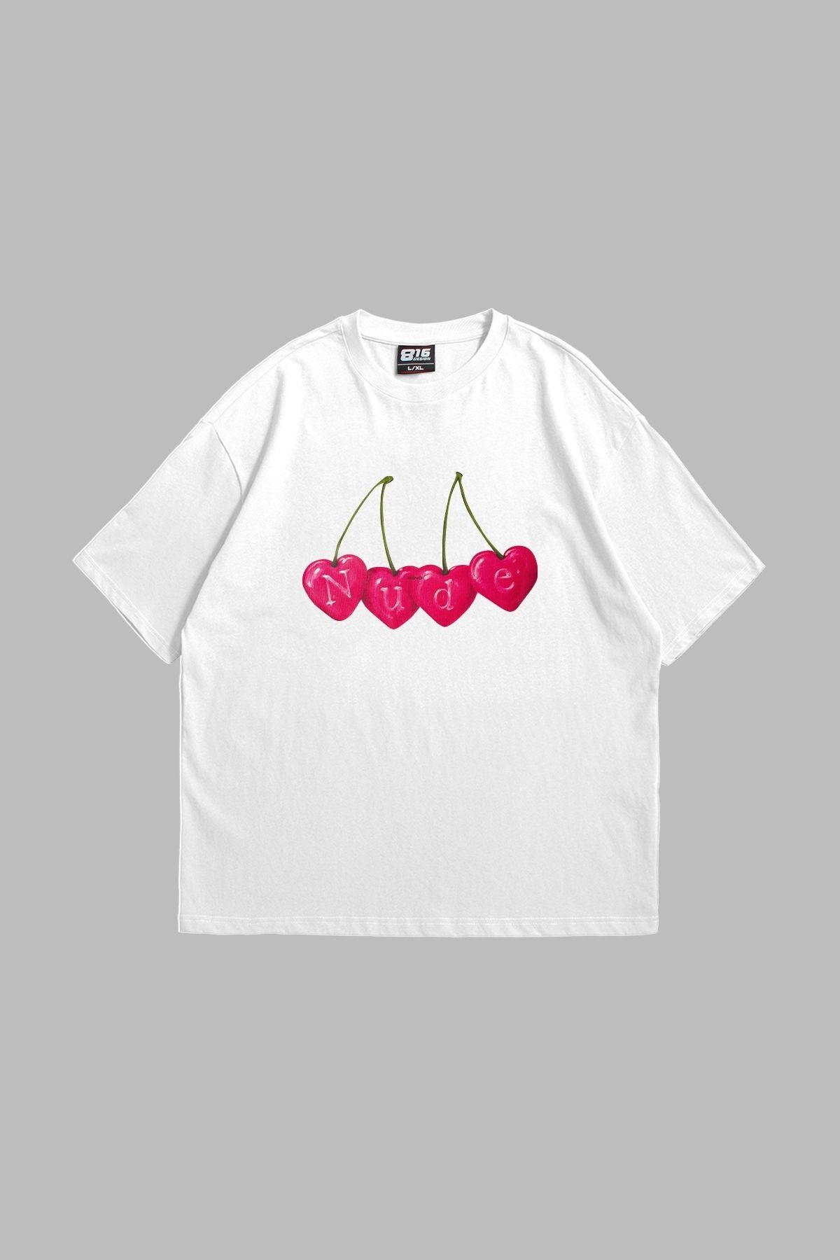 Tarzsokak Cherry Nude Baskılı Oversize Unisex Premium Beyaz
