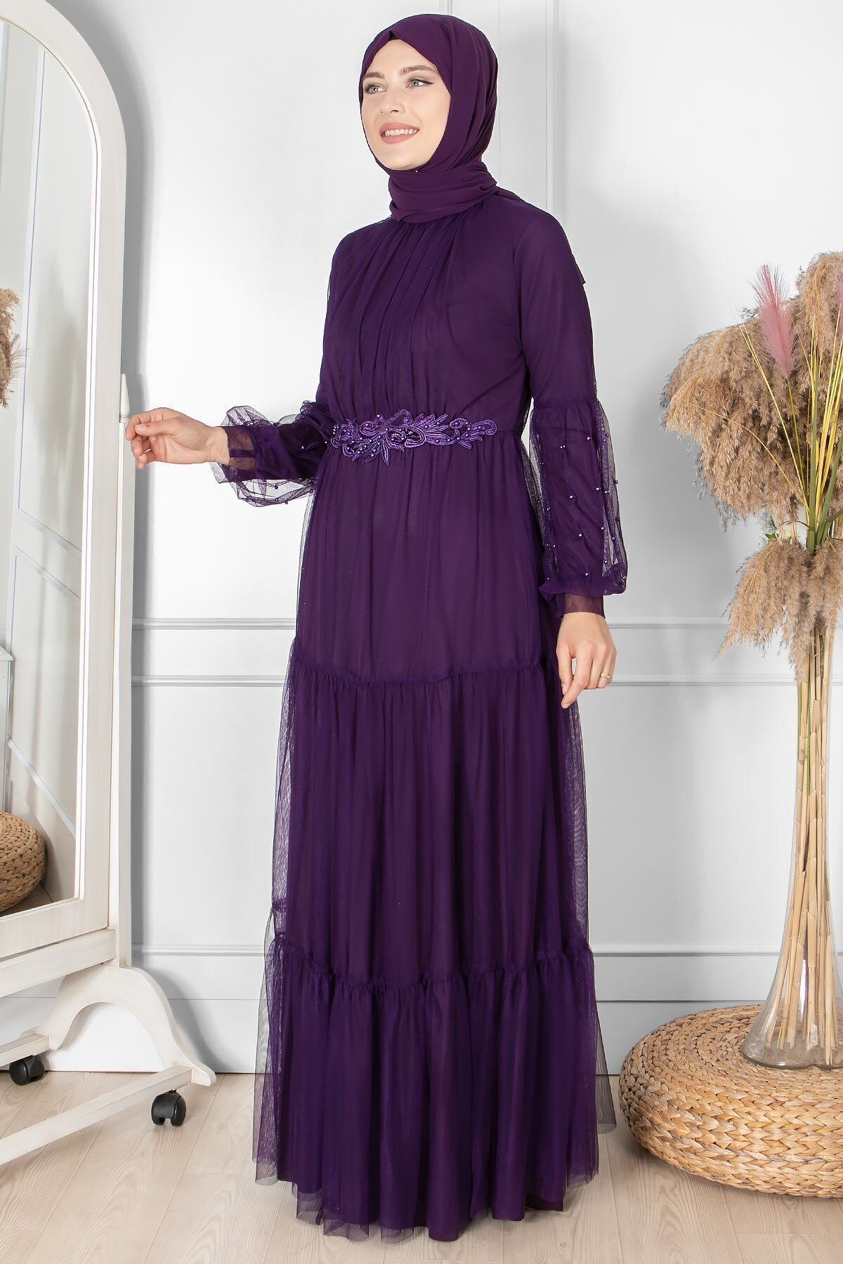 SUBU TASARIM-Purple Tulle Evening Dress - Ruffle and Guipure Embroidered Tbs864 8