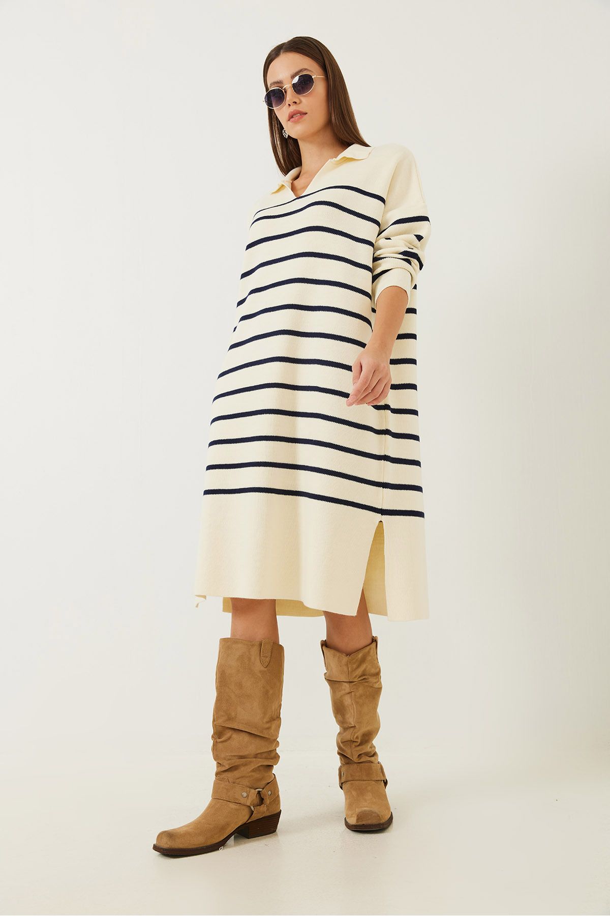 Bianco Lucci-Women's V-Neck Side Slit Striped Knitwear Dress 8
