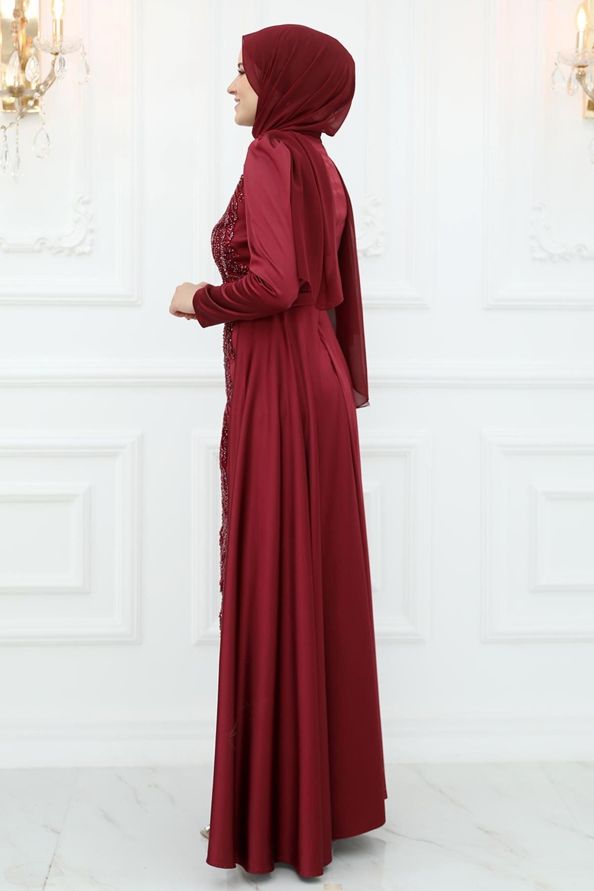 Amine Hüma-Arya Satin Evening Dress Claret Red 3